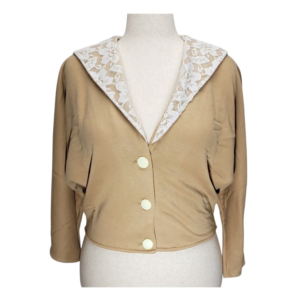 Honey Tan Cottagecore Lace Sailor Collar Fleece Knit Sweater Cropped Cardigan M